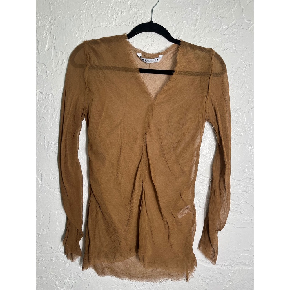 Zara Brown Sheer Crinkle Viscose Raw Edge Long Sleeve Tunic Top Size S